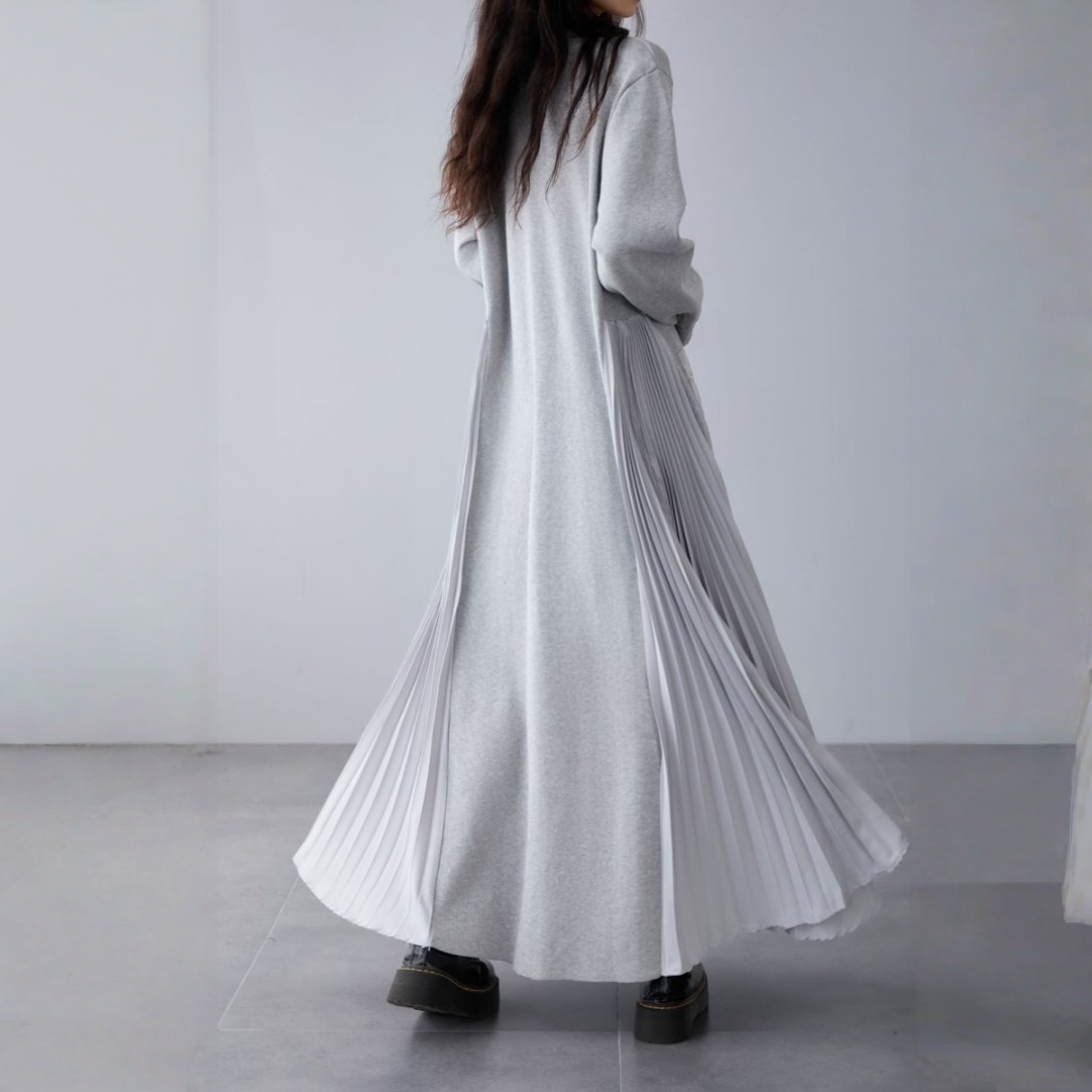 👀注目の新作👀【ワンピース】春 秋 冬 Vネック ニット プリーツ 長袖 ファスナー ワンピース 【JZシリーズ】