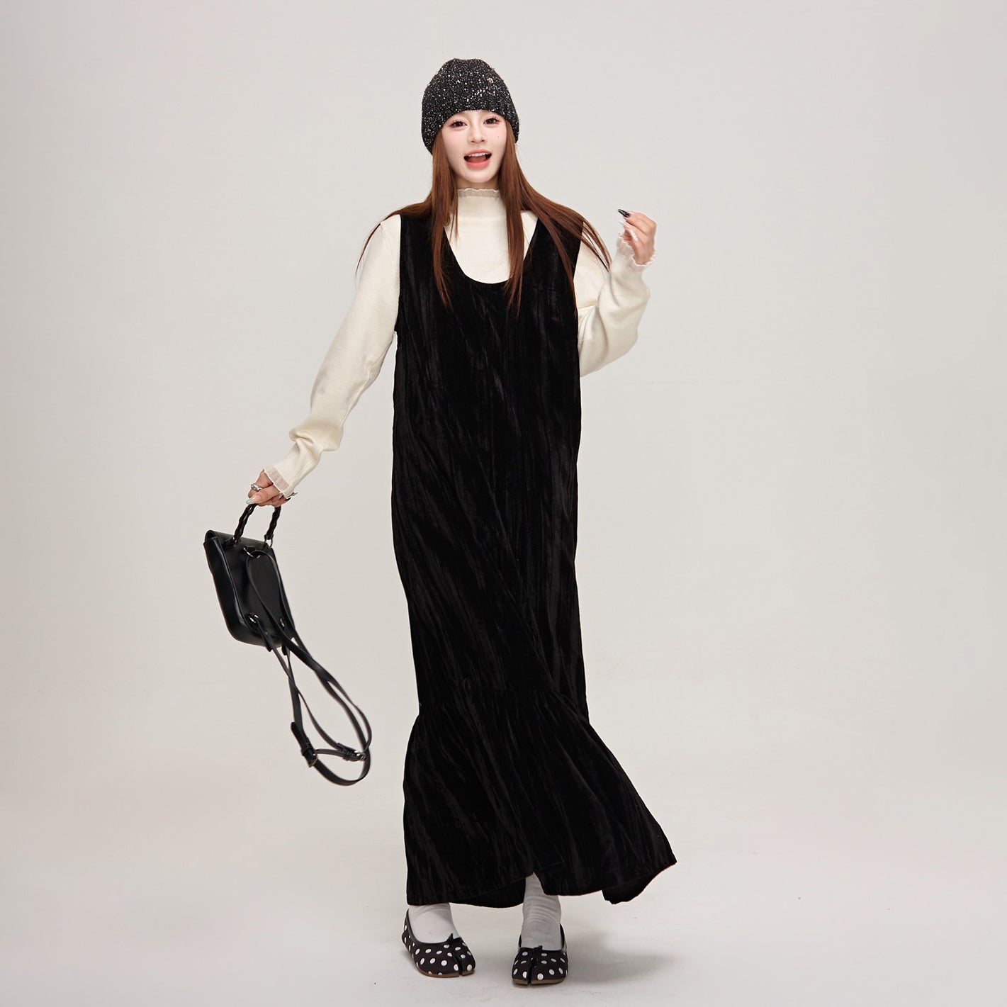 【ワンピース】上品＆高見え♡ブラックベルベット ノースリーブワンピース ロングベストワンピ  レディース 秋冬気品【JZシリーズ】