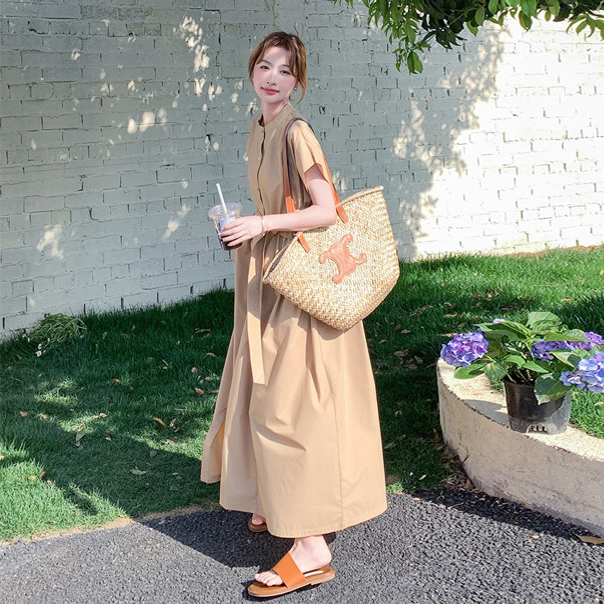 【ワンピース】カジュアル スリム見え カーキ シャツワンピース レディース 夏 ロング丈 個性的で美しい 気品あるおしゃれスタイル【JZシリーズ】