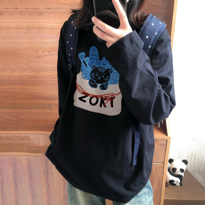 【トップス】猫柄 アメリカンレトロ   長袖Tシャツ レディース 春トレンド ゆるシルエット 高見え デザインカットソー 人気トップス【FCシリーズ】