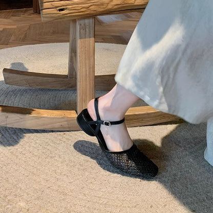 【シューズ】編み込み サンダル｜フレンチ ローヒールで通気性 大人可愛い一足