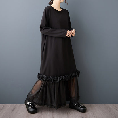 【ワンピース】ダークモード系 レディース チュール切替ワンピース レイヤード風 ゆったりシルエット【JZシリーズ】