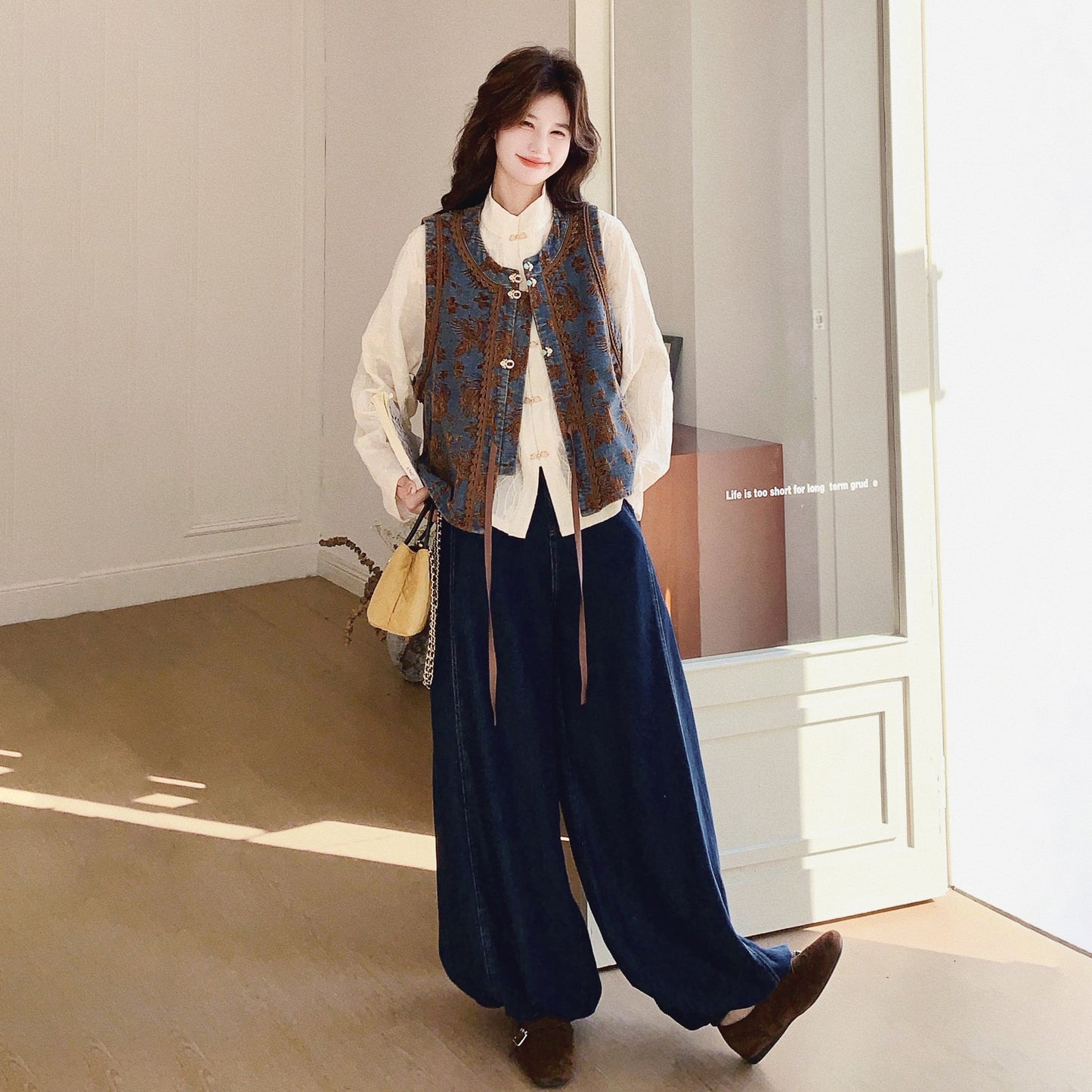 3点セット！【セットアップ】メラードジャカード×配色 ベスト＋中国風シャツ＋ワイドデニムパンツ 上下セット レディース 早春・秋 サン系コーデ【SHシリーズ】