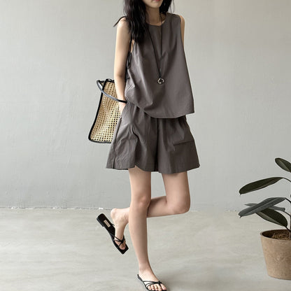 2点セット！【セットアップ】リラックス感 シンプル 無袖トップス＋ショートパンツ エレガント 上下セット【JZシリーズ】