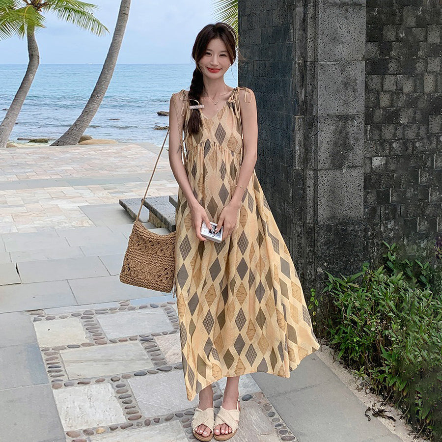 【ワンピース】夏  ビーチリゾート風  ダイヤモンドチェック ノースリーブキャミソールワンピース【SHシリーズ】