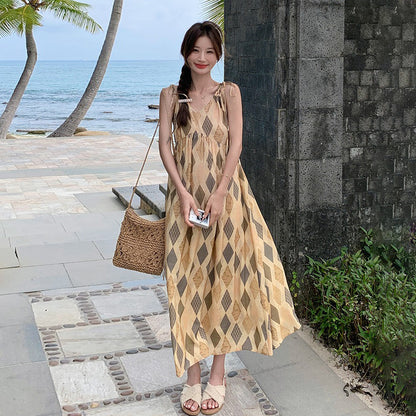 【ワンピース】夏  ビーチリゾート風  ダイヤモンドチェック ノースリーブキャミソールワンピース【SHシリーズ】