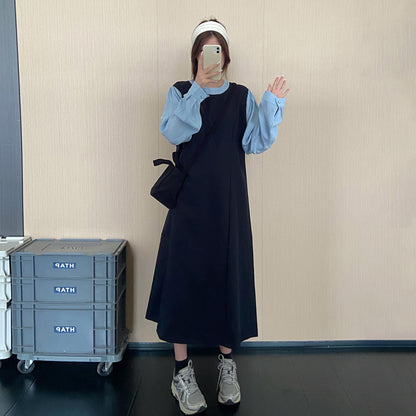 【ワンピース】大人上品フェイクレイヤードワンピース レディース 秋新作 ポロカラー ゆったり ロング丈【JZシリーズ】