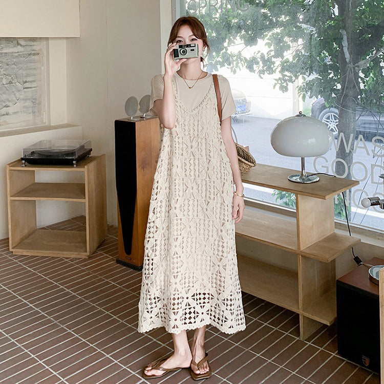 2点セット！【セットアップ】透かし編みカーデ+ 半袖ワンピースセットアップ｜激かわ映えロングワンピース【JZシリーズ】