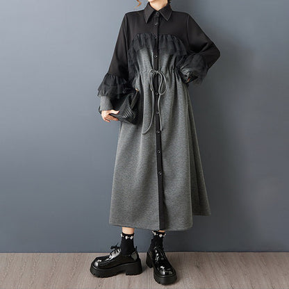 【ワンピース】春秋新作 ワイドシルエット ダークテイスト プリーツデザイン チュールレイヤード 長袖ワンピース トレンチ ロング丈 モード系【AHシリーズ】