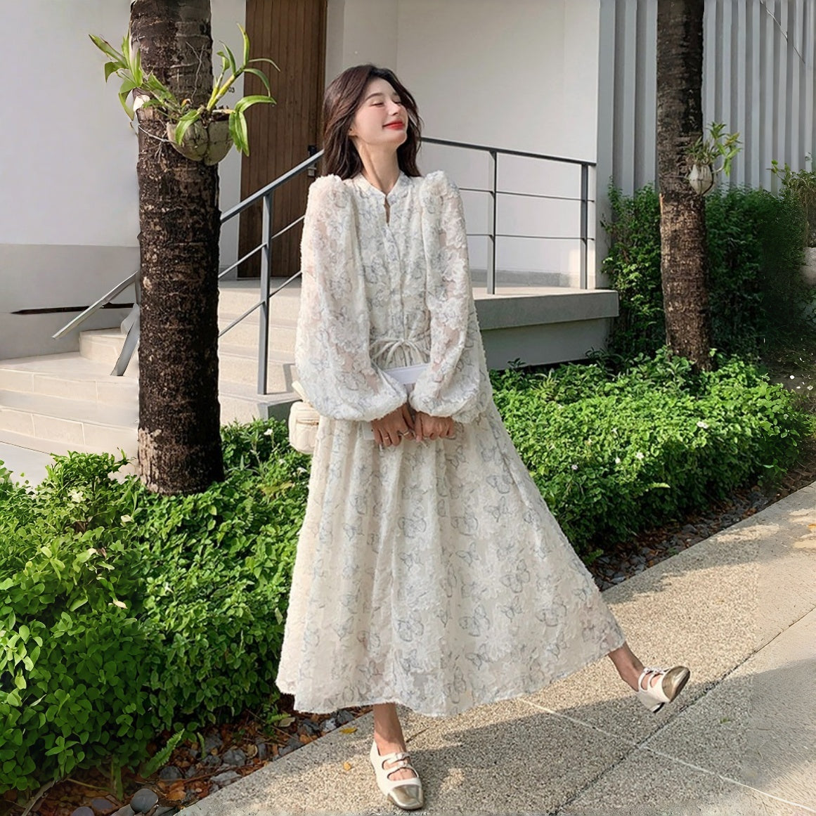 【ワンピース】フレンチ 上品  レース チュール 雰囲気 パフスリーブ 長袖ワンピース【JZシリーズ】【SHシリーズ】