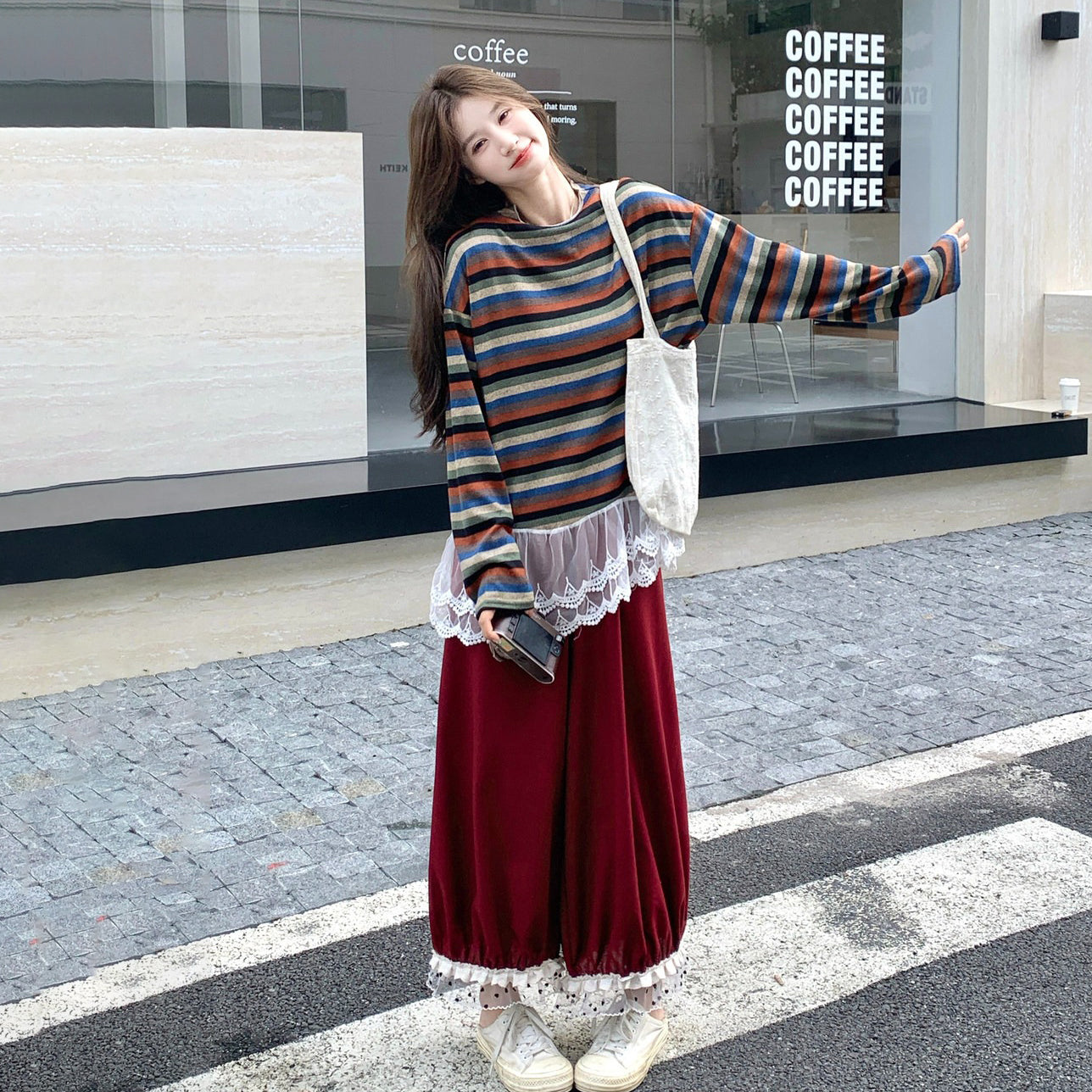 2点セット！【セットアップ】レトロ柄ストライプ切替レーススウェット＆ワイドパンツセット レディース 秋服 新作 大人カジュアル ゆったり体型カバー【JZシリーズ】