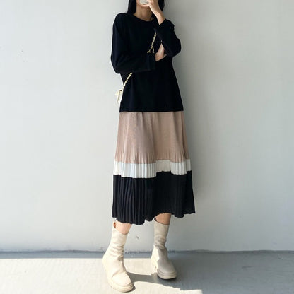 【24AW】【15～20日内発送】【ワンピース】フェイクツーピース 大きいサイズ プリーツ 長袖ワンピース