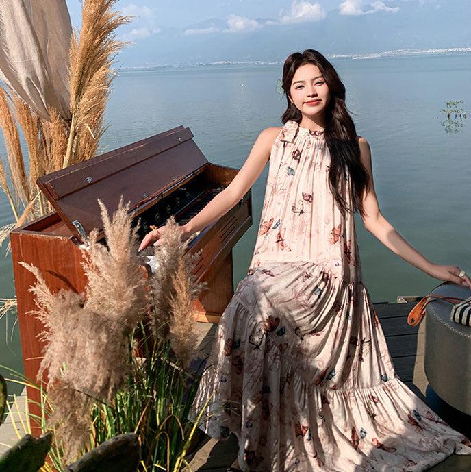 【ワンピース】夏 フレンチ温柔風 蝶柄 ノースリーブワンピース【SHシリーズ】