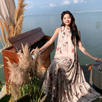 【ワンピース】夏 フレンチ温柔風 蝶柄 ノースリーブワンピース【SHシリーズ】