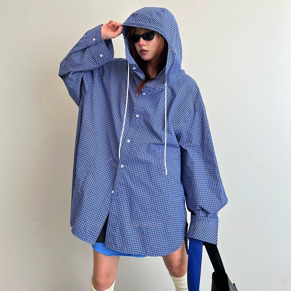【アウター】春秋 ファッション チェック柄 フード付き ゆったり シャツカーディガン【FCシリーズ】