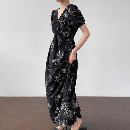 【ワンピース】フレンチ夏新作 上品クラシック水墨画風 花柄ラップ半袖ワンピース【SHシリーズ】【JZシリーズ】