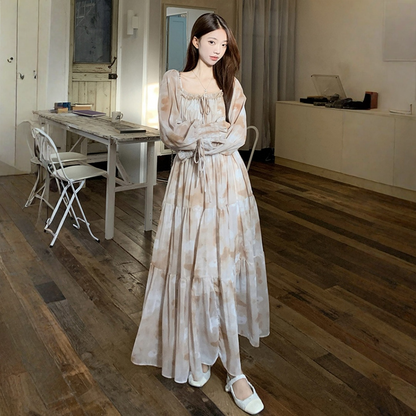 【ワンピース】フレンチ 小花柄 ウエストゴム スクエアネック 長袖 ワンピース 【SHシリーズ】