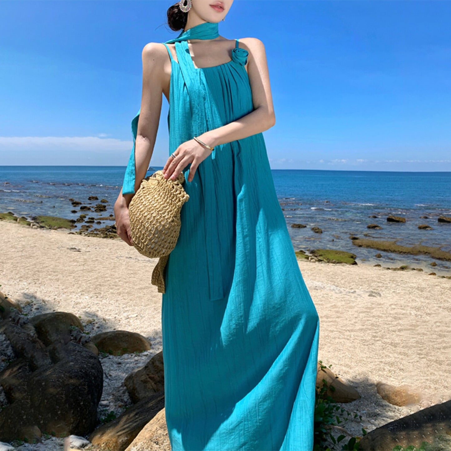 【ワンピース】リゾート キャミワンピース レディース ノースリーブ 夏 沖縄旅行 マキシワンピース ロング丈 ゆったり プリーツ 体型カバー【SHシリーズ】