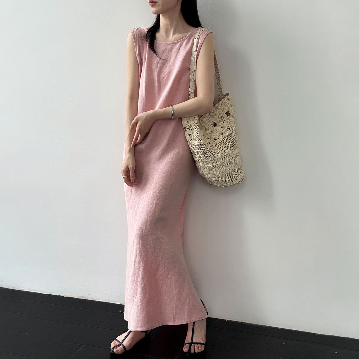 【ワンピース】リネン ワンピース レディース 夏 ノースリーブ バックシャン ドローストリング ロングワンピース ゆったり 体型カバー 人気【JZシリーズ】