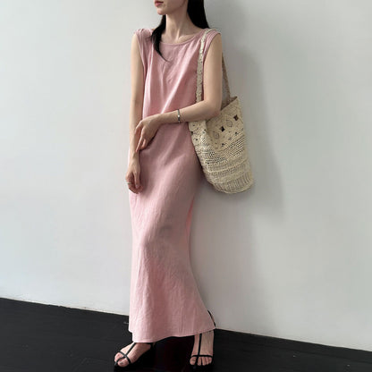 【ワンピース】リネン ワンピース レディース 夏 ノースリーブ バックシャン ドローストリング ロングワンピース ゆったり 体型カバー 人気【JZシリーズ】