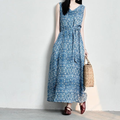 【ワンピース】Vネック レトロ プリント ノースリーブ ワンピース 【SHシリーズ】