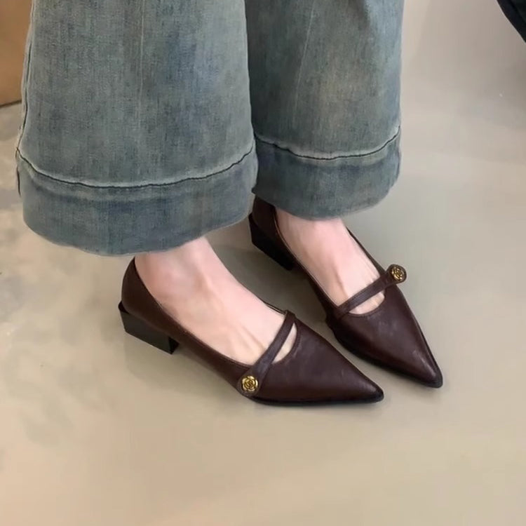 【シューズ】ソフトレザー調レトロハイヒール チャンキーヒール チェーン付きポインテッドトゥパンプス