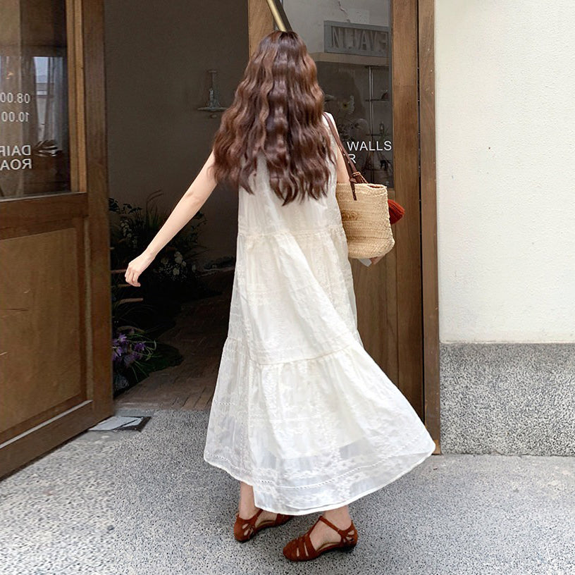 【ワンピース】フレンチ風 刺繍ワンピース レディース 夏 ホワイト ノースリーブ ナチュラル ロングワンピ【JZシリーズ】