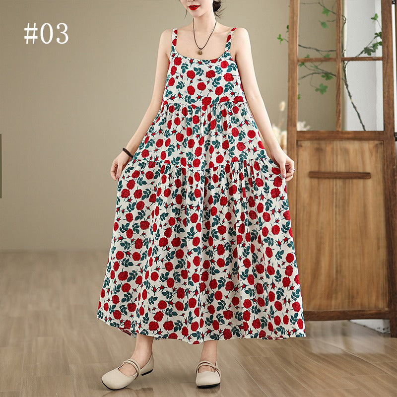 全6柄展開【ワンピース】 綿麻素材 花柄キャミワンピース｜ゆったり大きめサイズ＆ロング丈 ノースリーブワンピース【SHシリーズ】