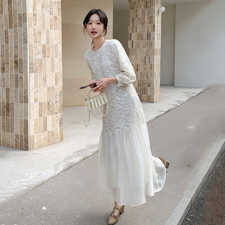 【ワンピース】フレンチ風フェミニンレースワンピース レディース 気品ある軽奢感 花柄長袖ミディドレス【JZシリーズ】