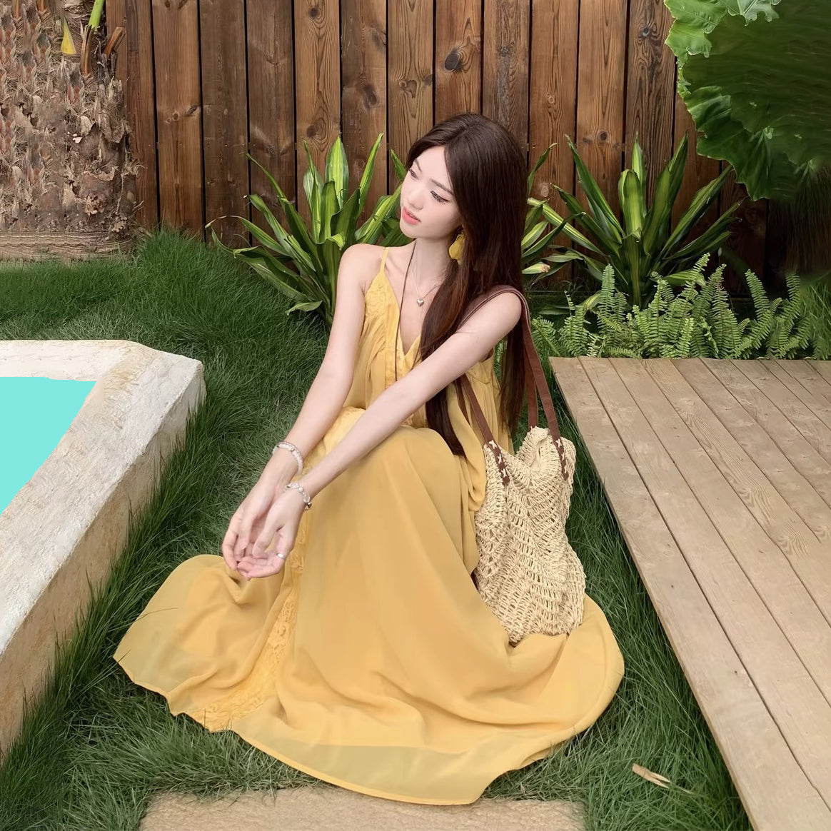 【ワンピース】ボヘミアン風 イエロー キャミソールワンピース レディース 夏 Vネック ノースリーブ ロングワンピース ゆったり 体型カバー 細見え リゾート【SHシリーズ】