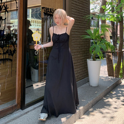 M~4XL【セットアップ】【単品注文】ヘップバーン風黒ワンピース レディース 夏 キャミソールロングワンピース フレンチシック ウエストシェイプ エレガント【JZシリーズ】