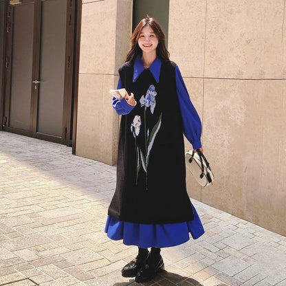 2点セット！【セットアップ】ブルー ジャカードニット＋シャツ長袖ワンピース セットアップ レディース OOTDコーデ 若見え【SHシリーズ】