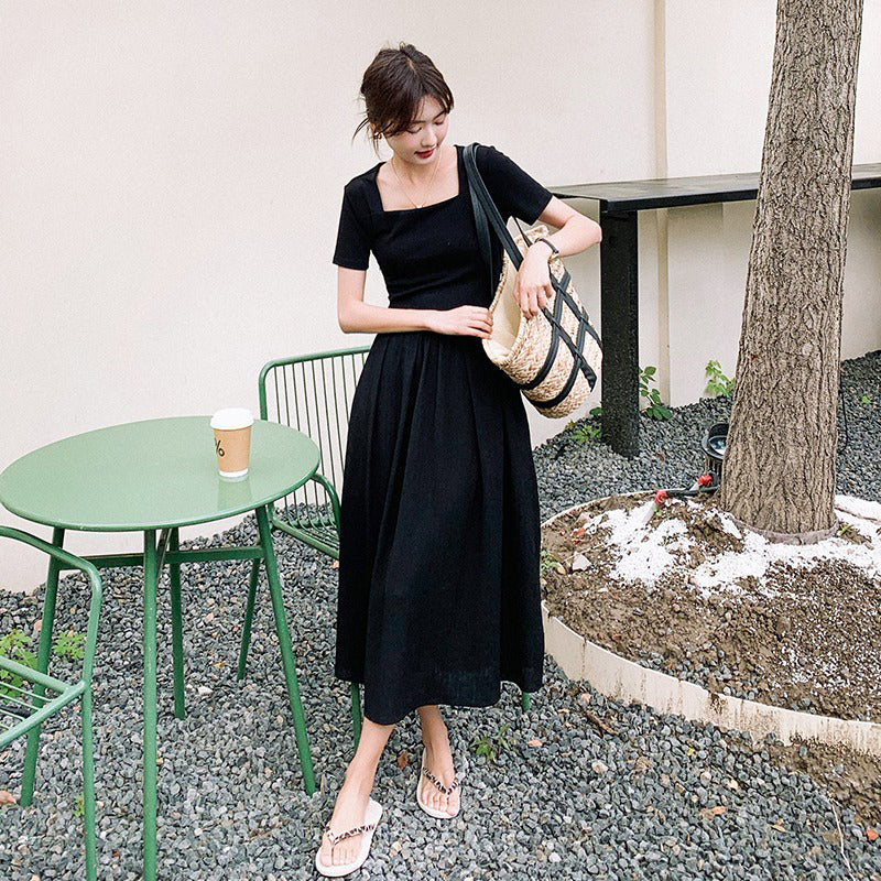 【ワンピース】こなれ感満点 半袖ワンピース スリム見え◎大人上品な黒ワンピ【JZシリーズ】