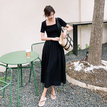 【ワンピース】こなれ感満点 半袖ワンピース スリム見え◎大人上品な黒ワンピ【JZシリーズ】