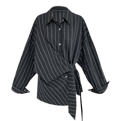 【トップス】春 秋 冬 ストライプ ウエストリボン シャツ 【JZシリーズ】