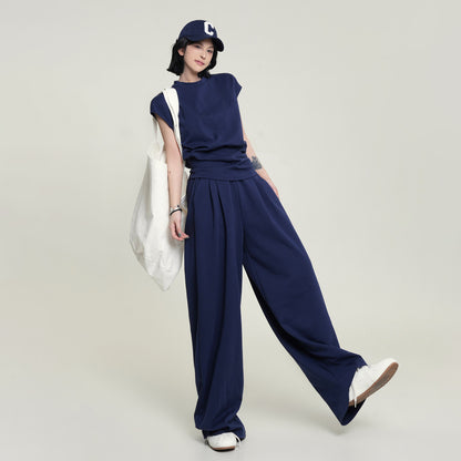 【セットアップ】韓国風 フリルスリーブTシャツ  クルーネック トップス＋パンツ 上下セット レディース 夏新作 細見え 体型カバー【FCシリーズ】