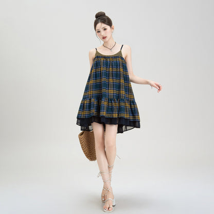 【ワンピース】夏新作 レトロ チェック柄 ノースリーブ ミニワンピース 【SHシリーズ】