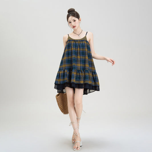【ワンピース】夏新作 レトロ チェック柄 ノースリーブ ミニワンピース 【SHシリーズ】