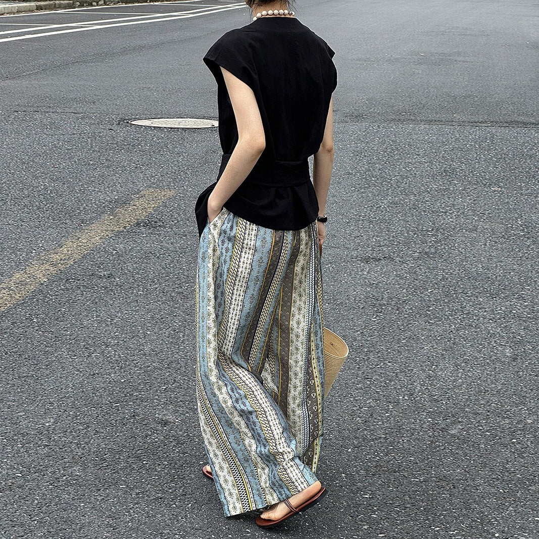 【ボトムス】リゾート風 カジュアルパンツ ハイウエスト ワイドシルエット 薄手 パンツ 美脚見え効果【SHシリーズ】