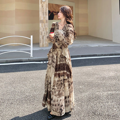 【ワンピース】メラード調 ハイセンス 花柄 長袖ワンピース レディース 春秋 フレンチエレガント 民族調プリント マキシ丈【SHシリーズ】