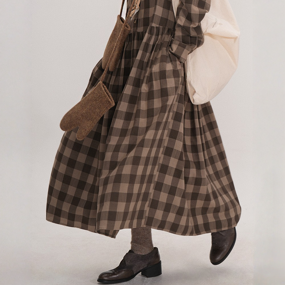 【ワンピース】春 秋 冬  チェック柄 ゆるリラックス ラウンドネック【JZシリーズ】