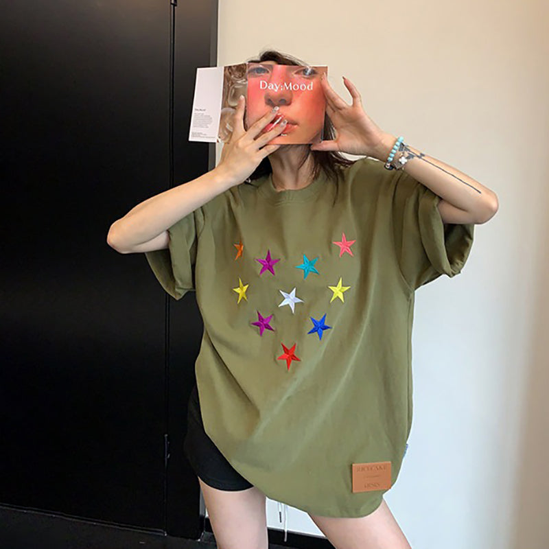 【トップス】ヴィンテージ加工 立体刺繍ヘビーTシャツ 夏新作 レディース 半袖 ストリート系【FCシリーズ】