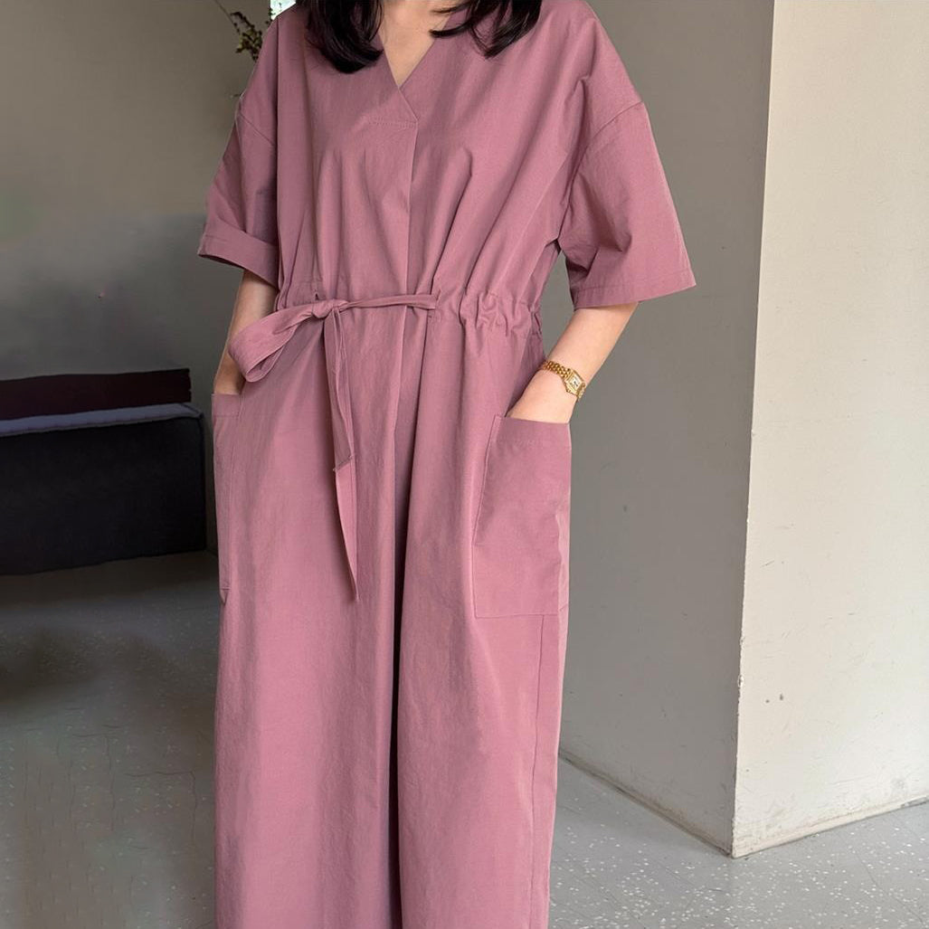 【ワンピース】🌼韓国風 春夏 大きいサイズ ワンピース 半袖 カジュアル ゆったり ポケット付き ウエストシェイプ レディース【JZシリーズ】