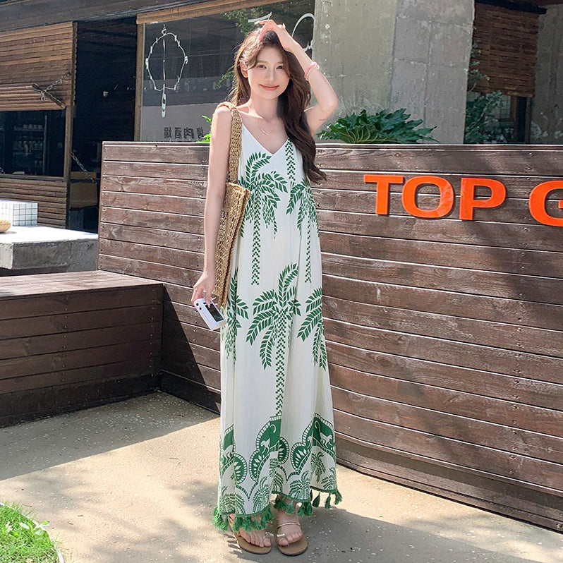 【ワンピース】フレンチ ヴィンテージ風 花柄 ノースリーブ キャミワンピース 夏 新作 バカンス系 上品 ロングドレス【SHシリーズ】