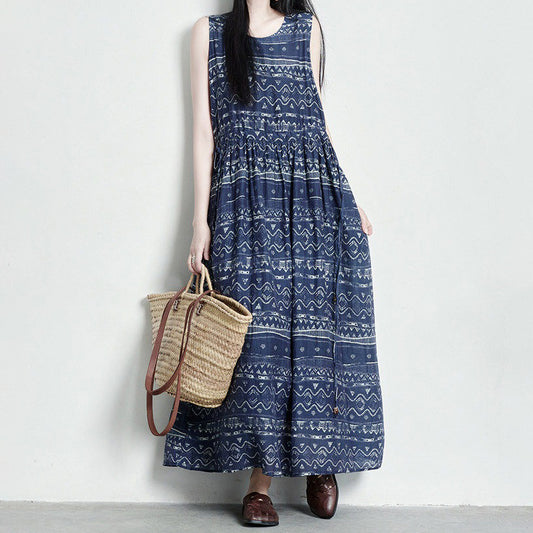 【ワンピース】レトロ 花柄 ノースリーブワンピース レディース 2026夏 ロングワンピース フレア ゆったり 体型カバー ボヘミアン風【SHシリーズ】