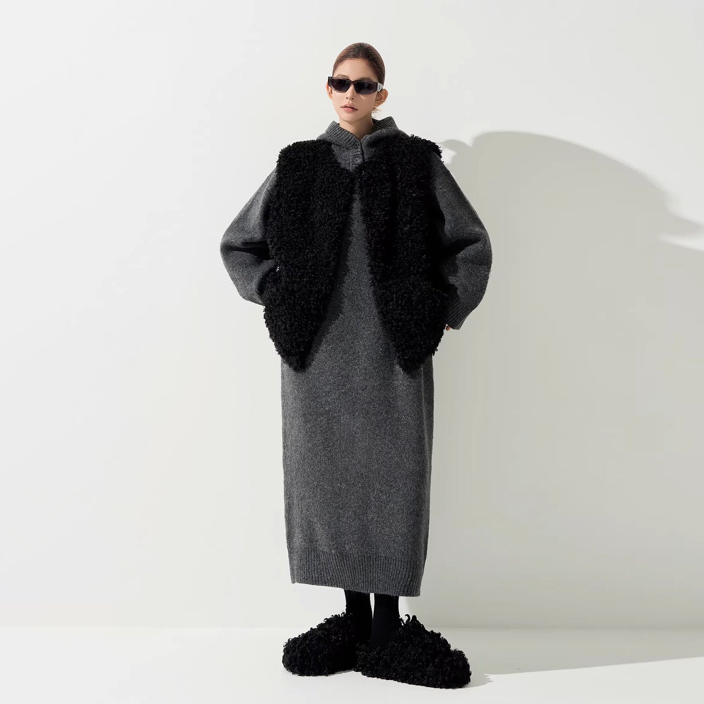 【ワンピース】フード付き ニット長袖ワンピース レディース 秋冬 韓国風 ルーズ 体型カバー ロング丈【FCシリーズ】【15～20日内発送】