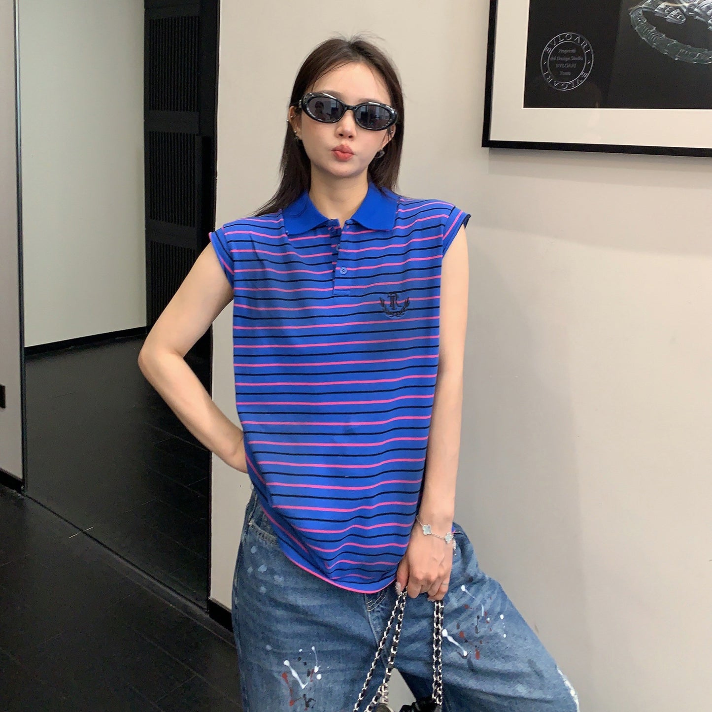 【トップス】アメリカンレトロ ボーダー柄 ポロカラーノースリーブTシャツ レディース カジュアル ストリート系 こなれ感【FCシリーズ】