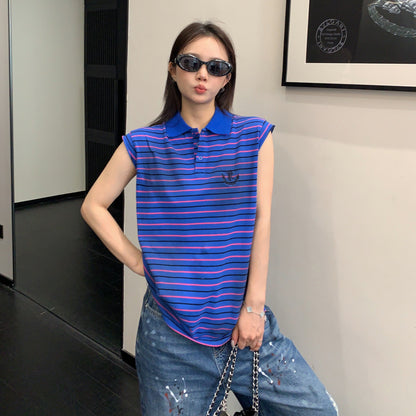 【トップス】アメリカンレトロ ボーダー柄 ポロカラーノースリーブTシャツ レディース カジュアル ストリート系 こなれ感【FCシリーズ】