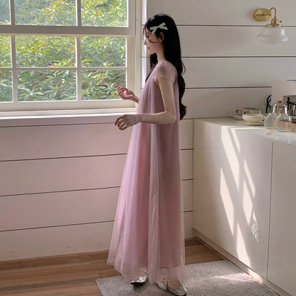 【ワンピース】大人可愛い ピンク チュールワンピース レディース 夏 半袖 上品 2点セット シアー ロング丈 フェミニンワンピース【JZシリーズ】