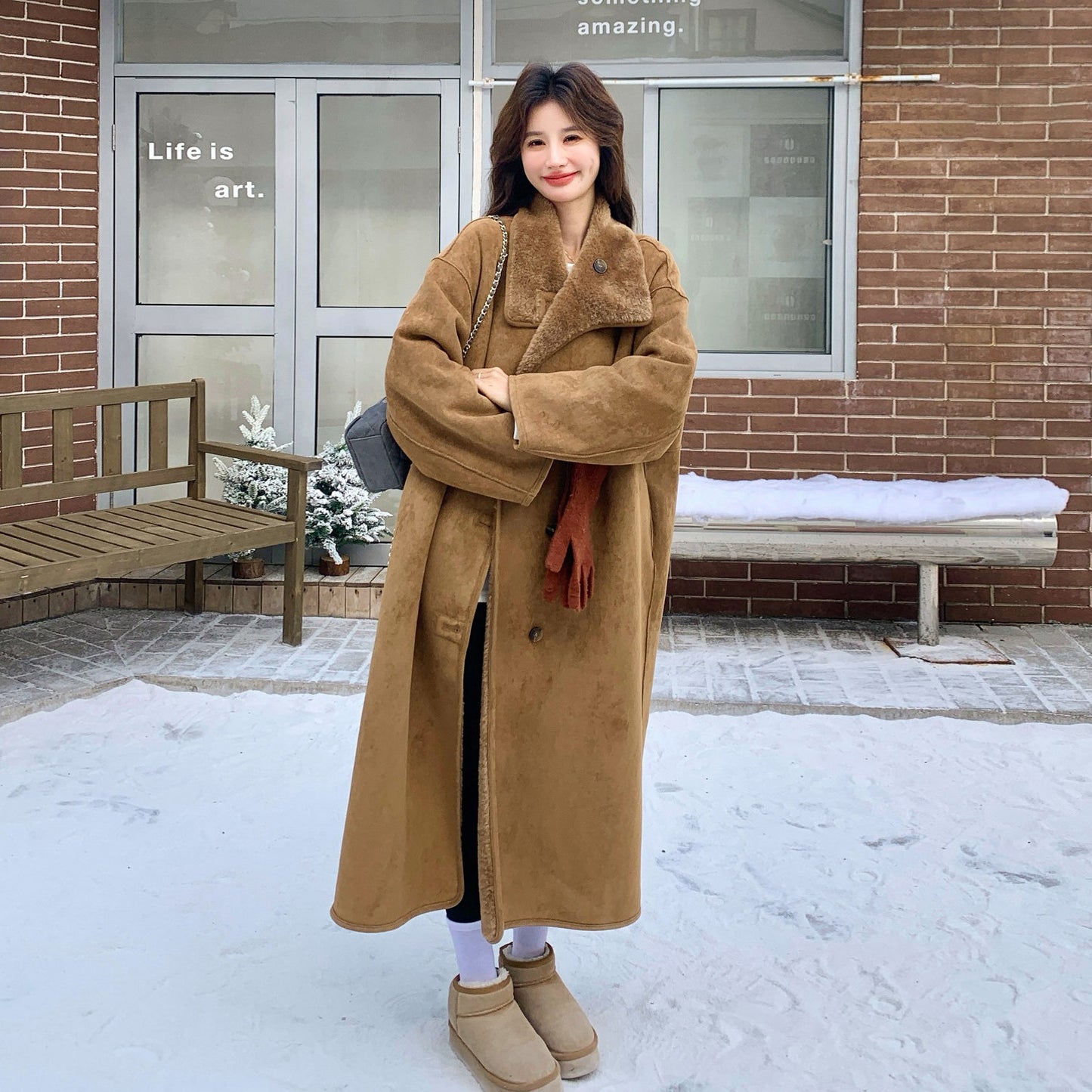 【アウター】韓国風 リバーシブル スエード調 × シープボア ロング丈 レディース 冬 新作 綿入れコート【JZシリーズ】